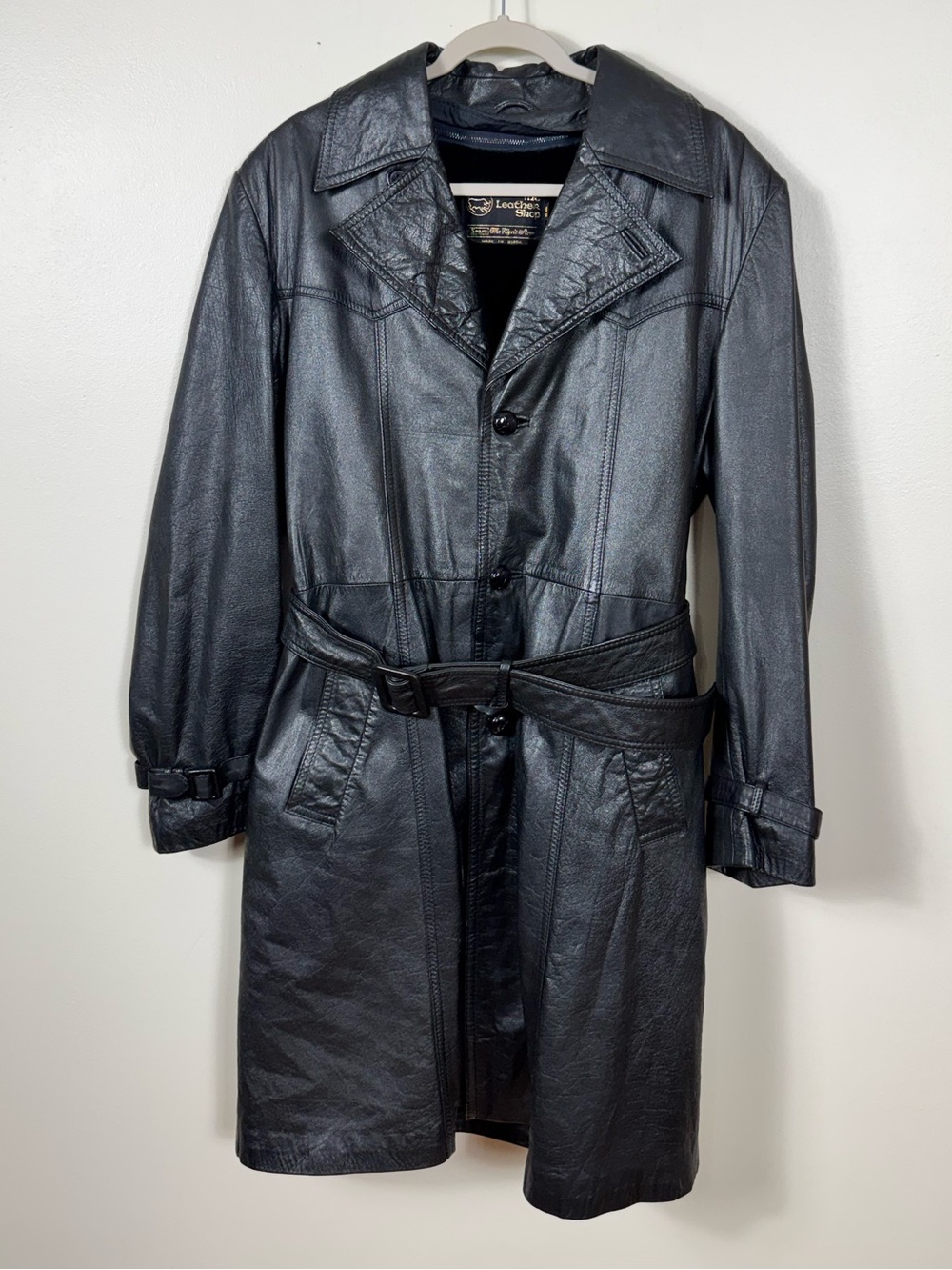 Vintage 70s Sears The Leather Shop Mens Leather Belted Trench Coat 40R Black